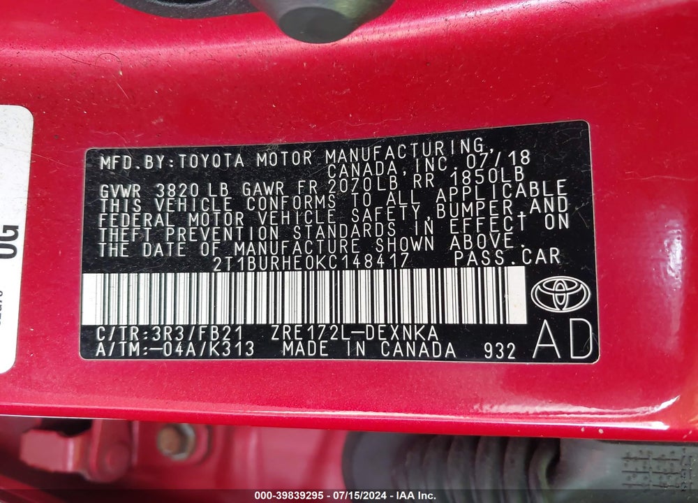 2019 TOYOTA COROLLA LE VIN: 2T1BURHE0KC148417