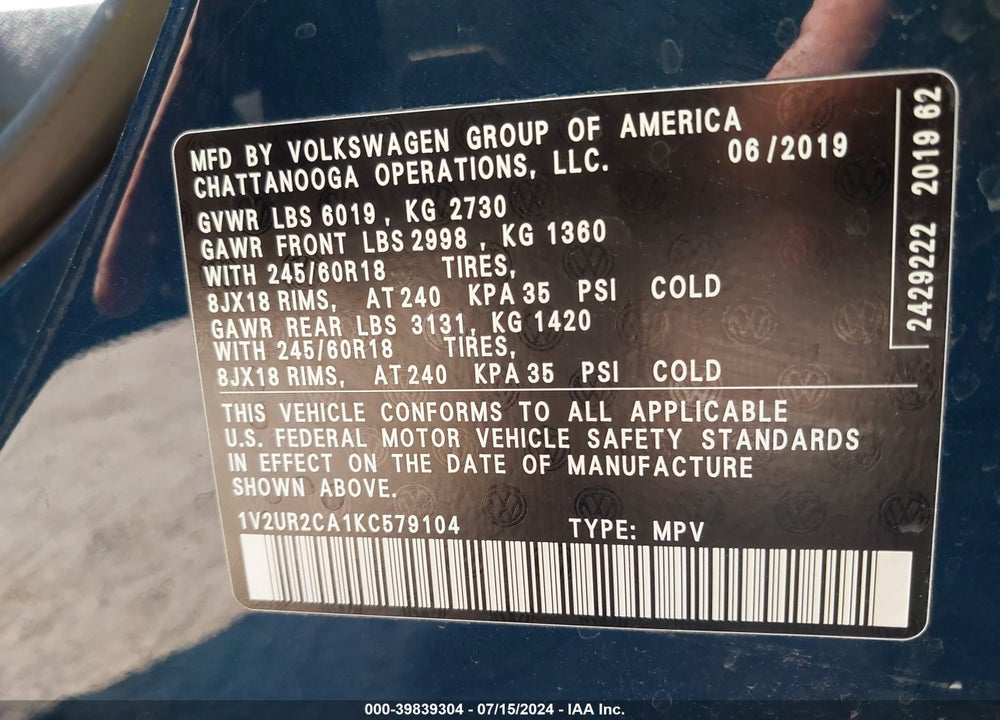 2019 VOLKSWAGEN ATLAS 3.6L V6 SE W/TECHNOLOGY VIN: 1V2UR2CA1KC579104