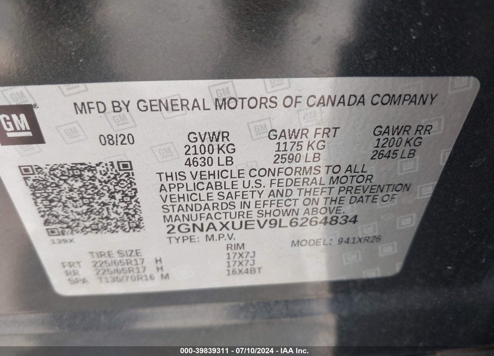 2020 CHEVROLET EQUINOX AWD LT 1.5L TURBO VIN: 2GNAXUEV9L6264834