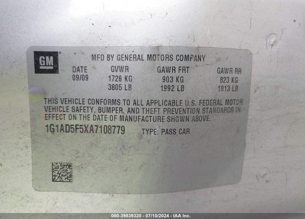 2010 CHEVROLET COBALT VIN: 1G1AD5F5XA7108779