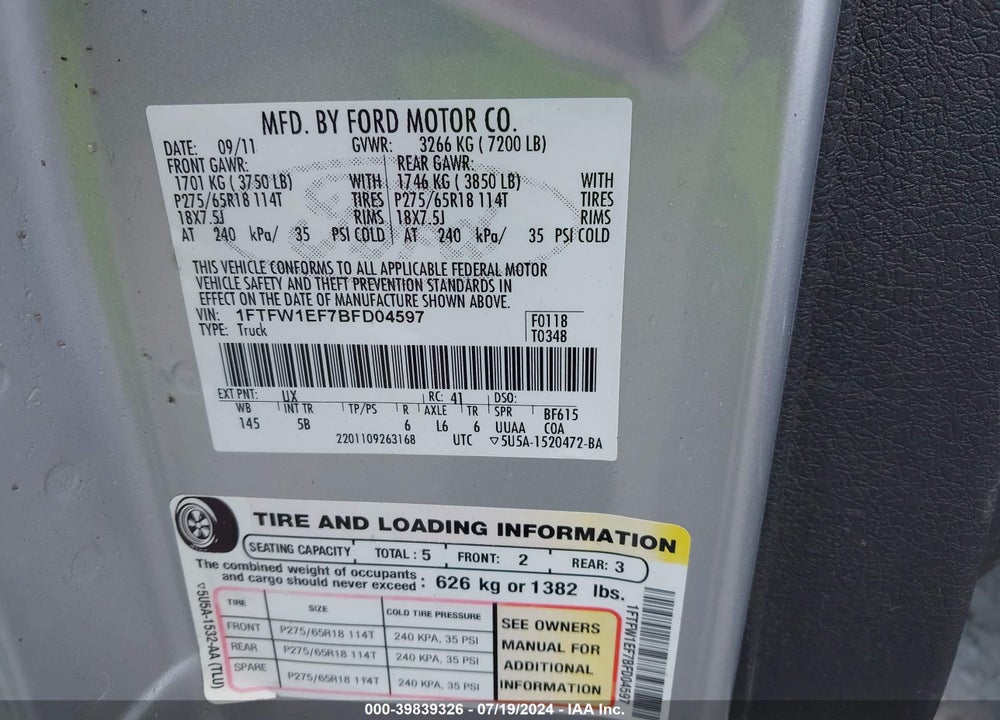 2011 FORD F-150 FX4 VIN: 1FTFW1EF7BFD04597