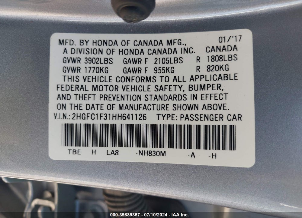2017 HONDA CIVIC EX-T VIN: 2HGFC1F31HH641126
