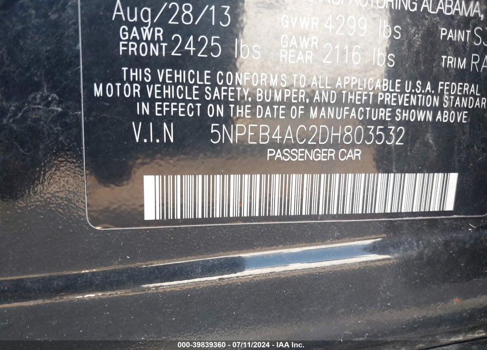 2013 HYUNDAI SONATA GLS VIN: 5NPEB4AC2DH803532
