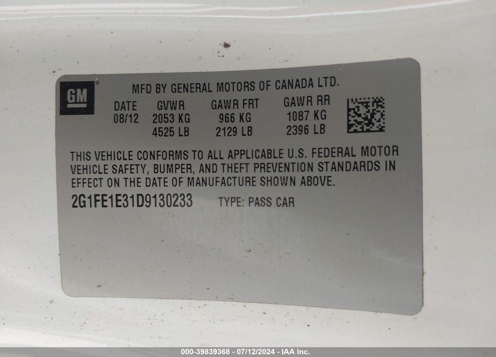 2013 CHEVROLET CAMARO 1LS VIN: 2G1FE1E31D9130233