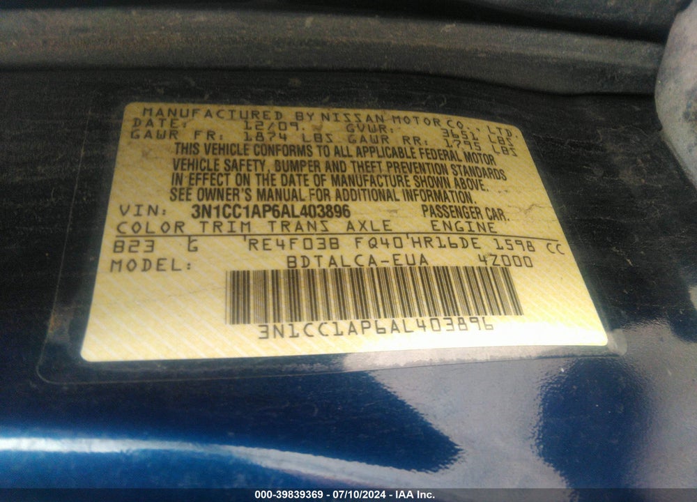 2010 NISSAN VERSA 1.6 VIN: 3N1CC1AP6AL403896