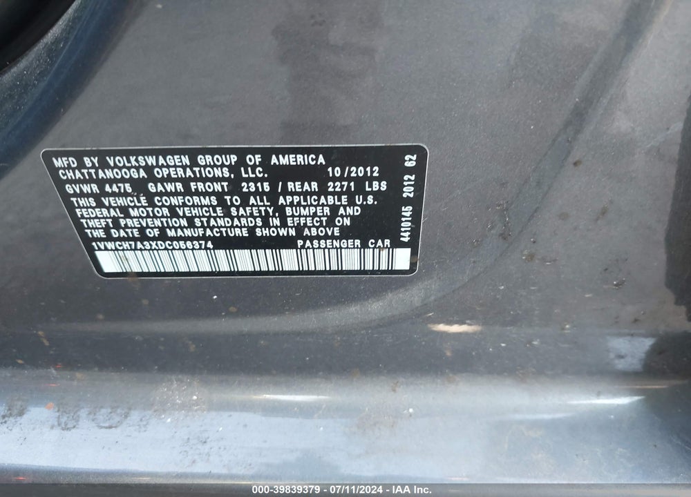 2013 VOLKSWAGEN PASSAT 2.5L SEL PREMIUM VIN: 1VWCH7A3XDC056374