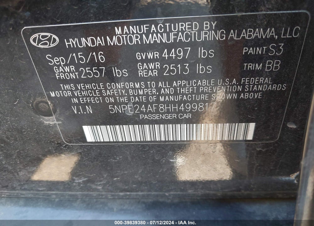 2017 HYUNDAI SONATA SE VIN: 5NPE24AF8HH499817