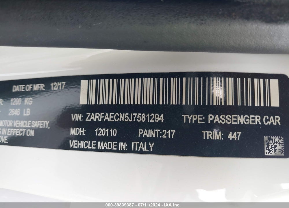 2018 ALFA ROMEO GIULIA TI SPORT RWD VIN: ZARFAECN5J7581294