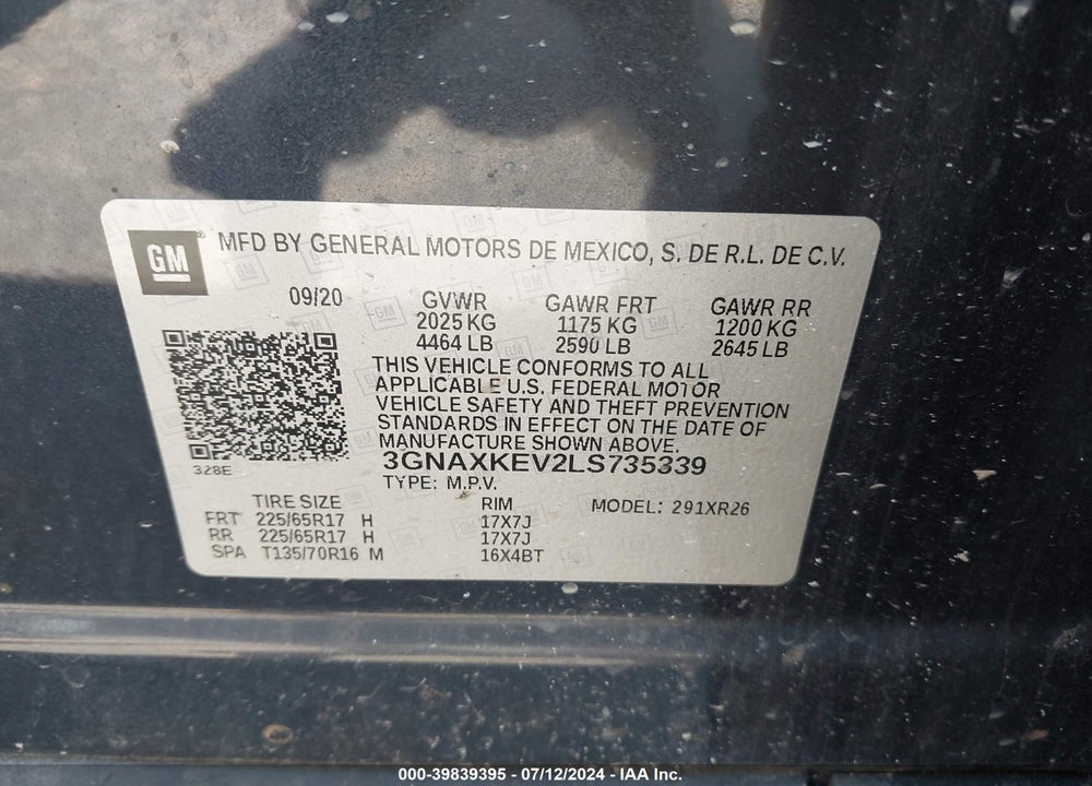 2020 CHEVROLET EQUINOX FWD LT 1.5L TURBO VIN: 3GNAXKEV2LS735339