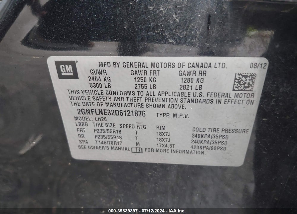 2013 CHEVROLET EQUINOX 2LT VIN: 2GNFLNE32D6121876