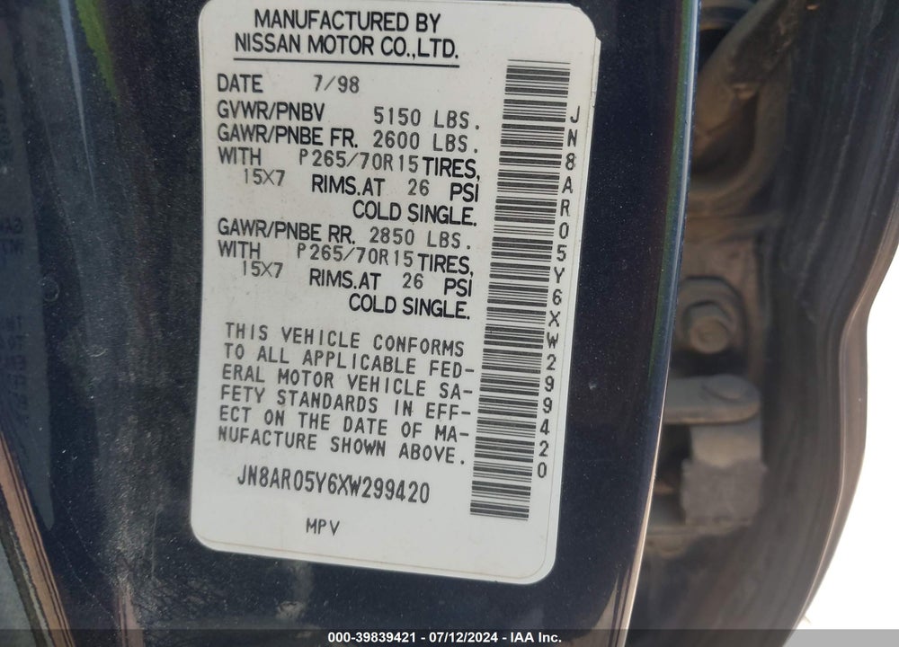 1999 NISSAN PATHFINDER LE/SE/XE VIN: JN8AR05Y6XW299420