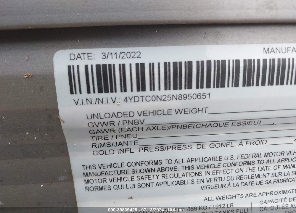 2022 COLORADO M-30BHC VIN: 4YDTC0N25N8950651
