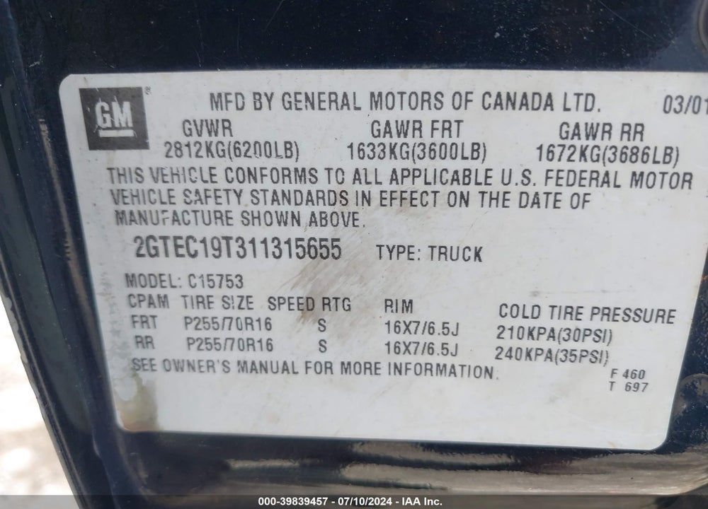 2001 GMC SIERRA 1500 SLE VIN: 2GTEC19T311315655