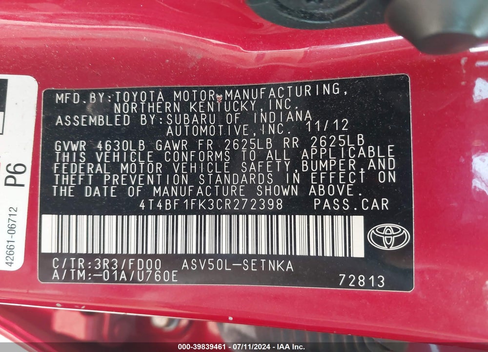 2012 TOYOTA CAMRY LE VIN: 4T4BF1FK3CR272398