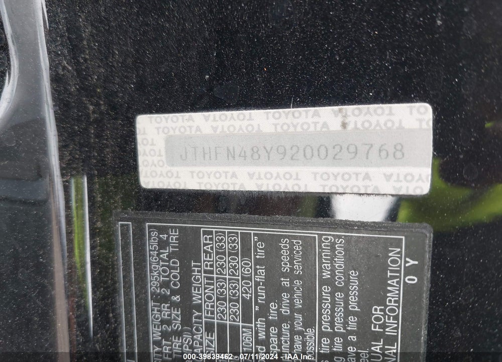 2002 LEXUS SC 430 VIN: JTHFN48Y920029768