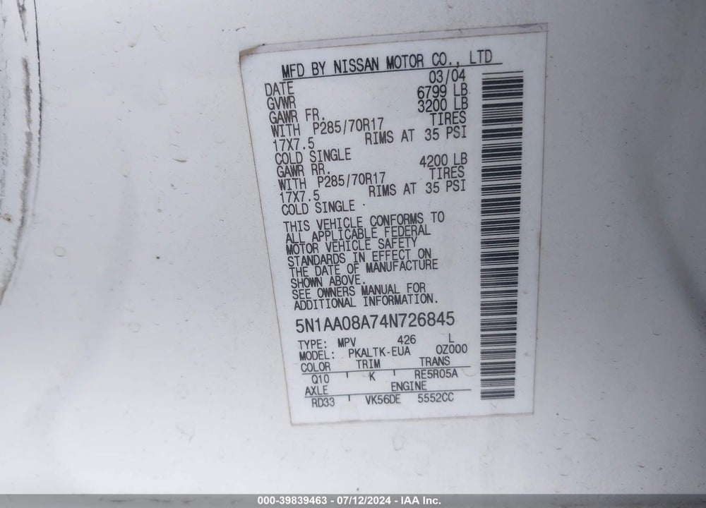 2004 NISSAN PATHFINDER ARMADA SE OFF-ROAD VIN: 5N1AA08A74N726845