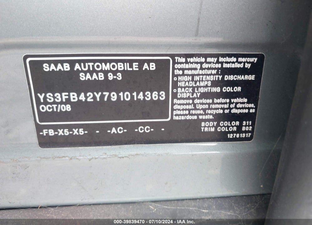 2009 SAAB 9-3 2.0T VIN: YS3FB42Y791014363