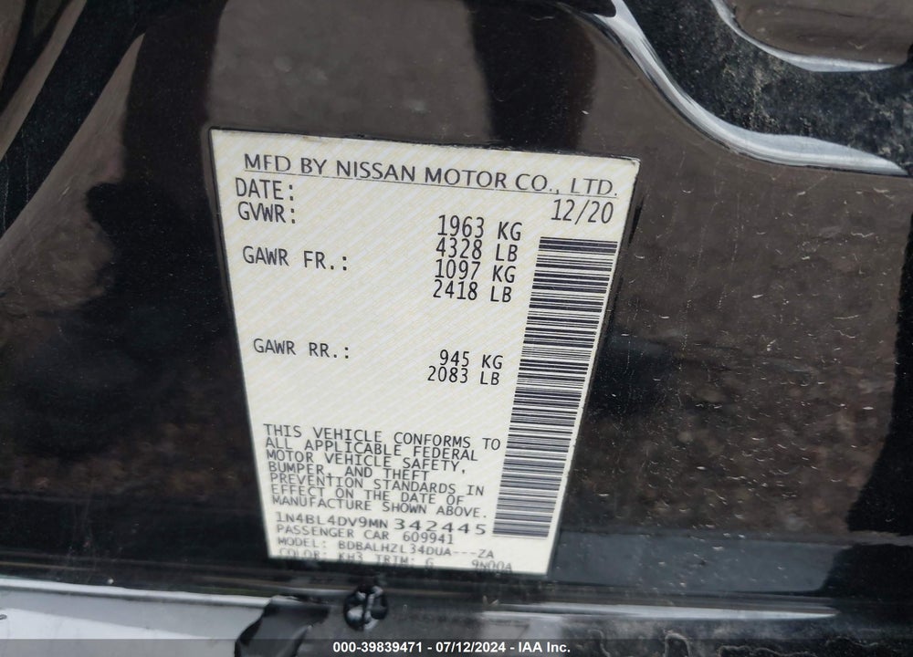2021 NISSAN ALTIMA VIN: 1N4BL4DV9MN342445