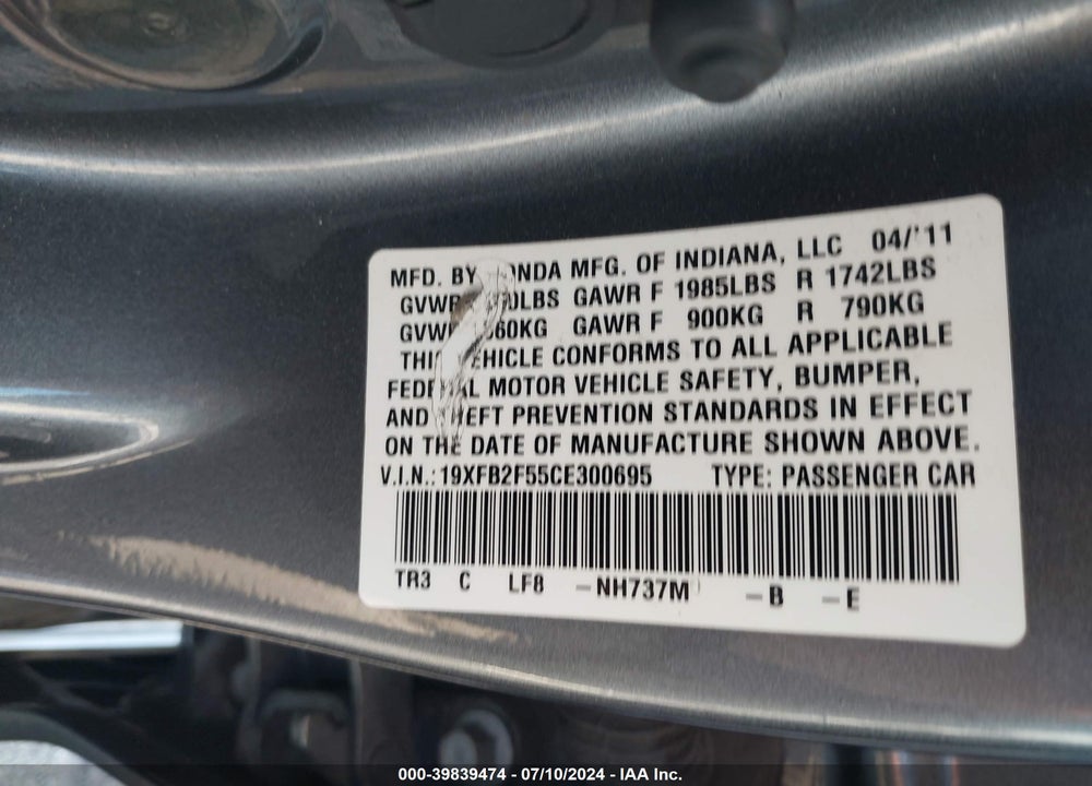 2012 HONDA CIVIC LX VIN: 19XFB2F55CE300695