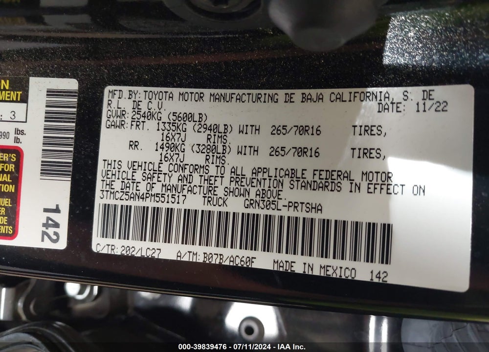 2023 TOYOTA TACOMA TRD OFF ROAD VIN: 3TMCZ5AN4PM551517
