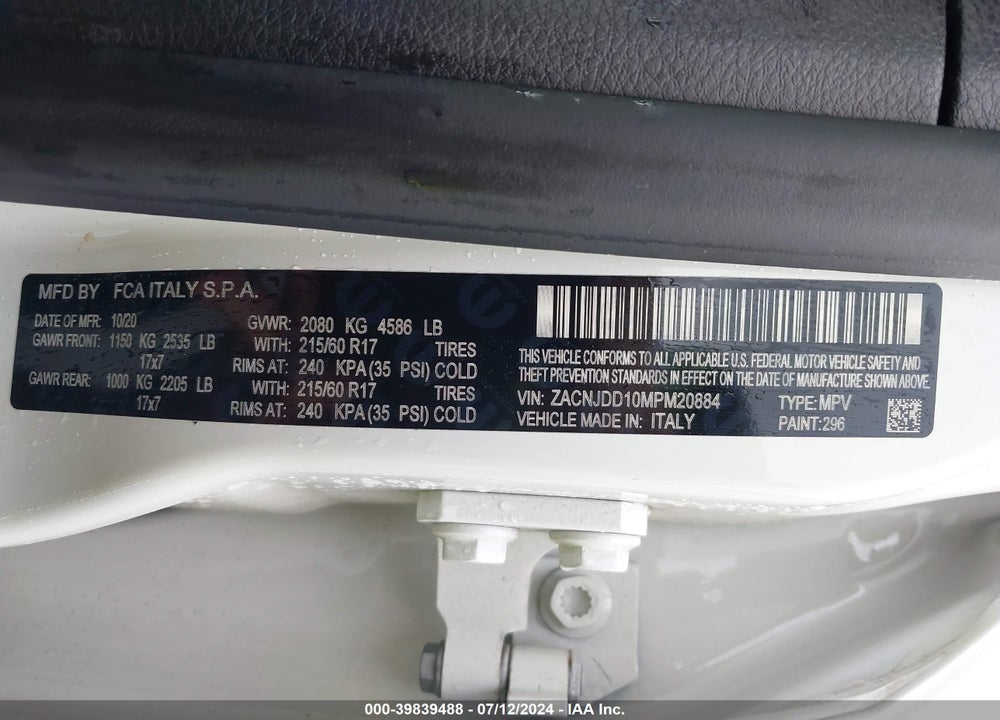 2021 JEEP RENEGADE LIMITED 4X4 VIN: ZACNJDD10MPM20884