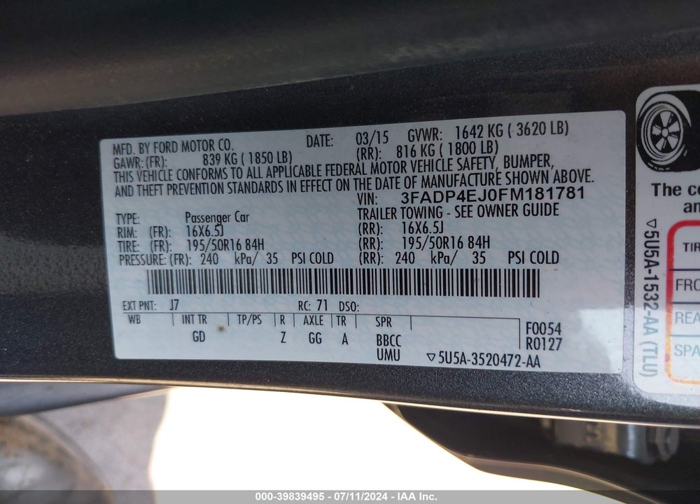 2015 FORD FIESTA SE VIN: 3FADP4EJ0FM181781