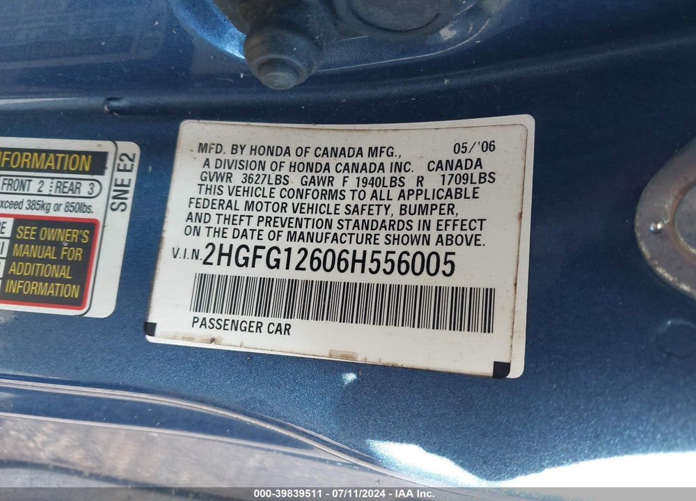 2006 HONDA CIVIC LX VIN: 2HGFG12606H556005