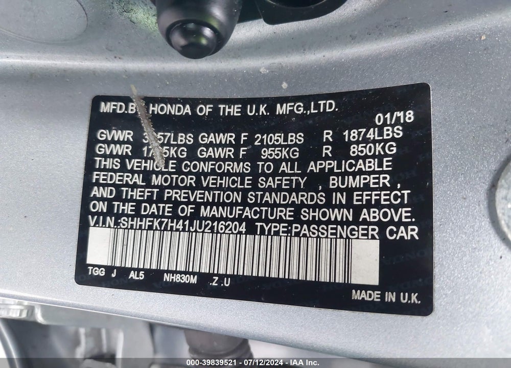 2018 HONDA CIVIC SPORT VIN: SHHFK7H41JU216204
