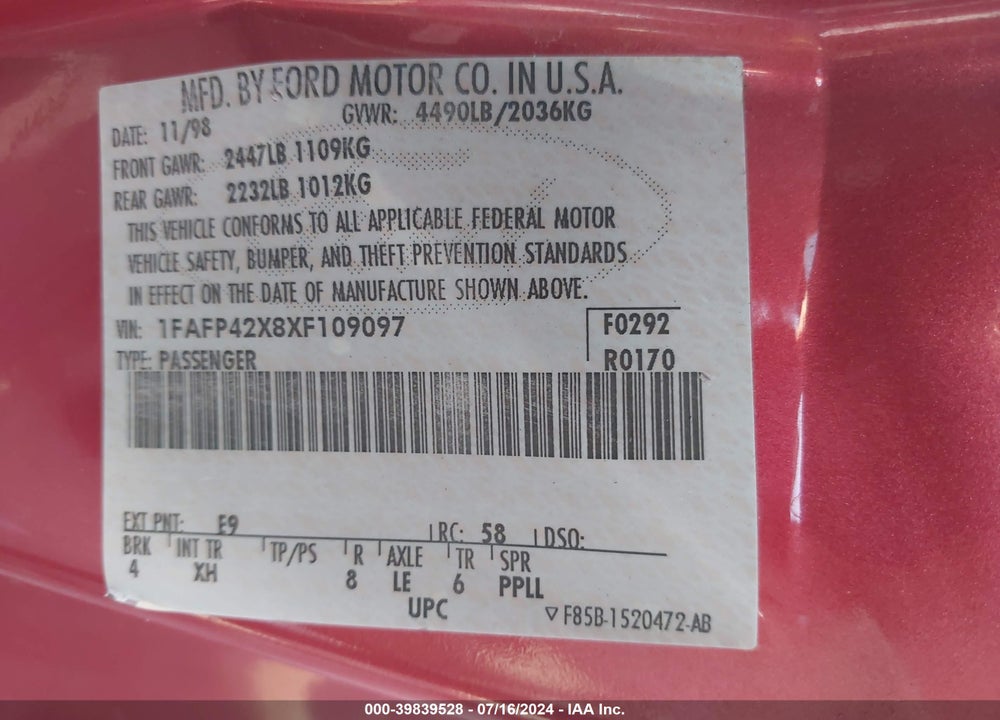 1999 FORD MUSTANG GT VIN: 1FAFP42X8XF109097