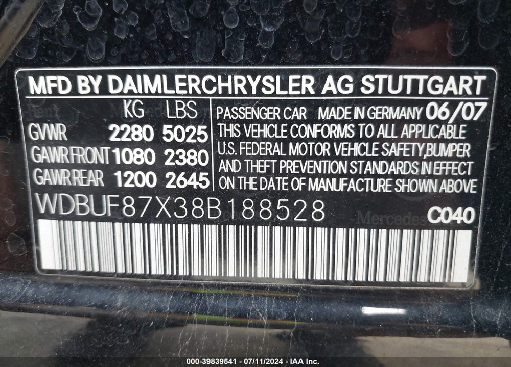 2008 MERCEDES-BENZ E 350 4MATIC VIN: WDBUF87X38B188528