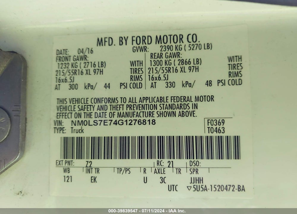 2016 FORD TRANSIT CONNECT XL VIN: NM0LS7E74G1276818