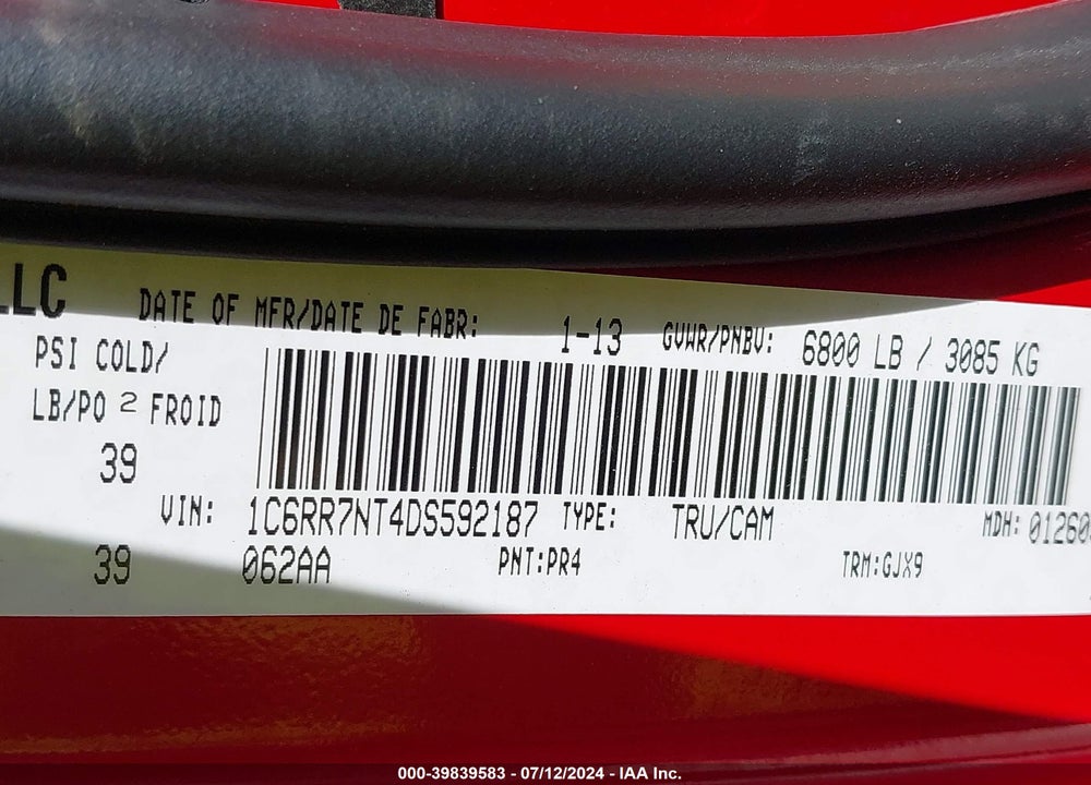 2013 RAM 1500 LAIE VIN: 1C6RR7NT4DS592187