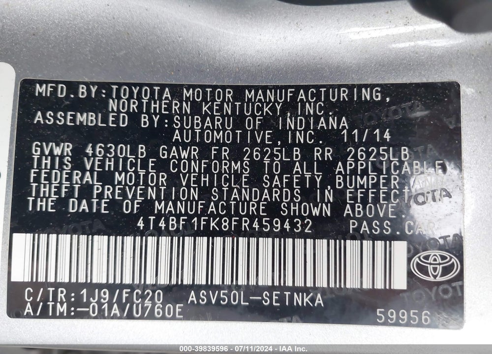 2015 TOYOTA CAMRY LE VIN: 4T4BF1FK8FR459432