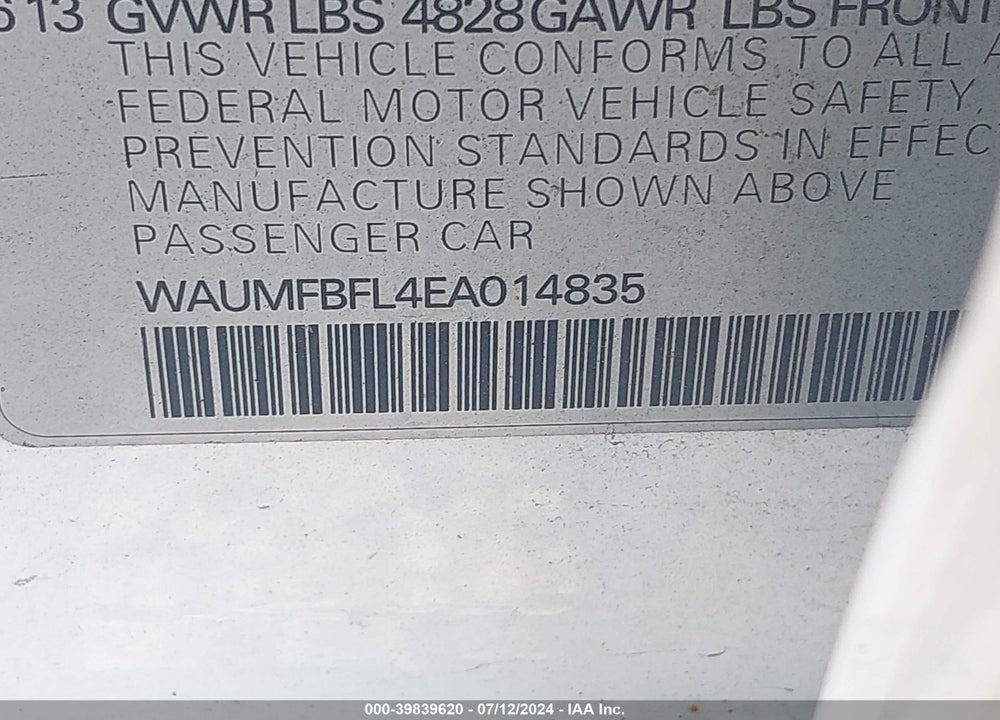 2014 AUDI A4 2.0T PREMIUM VIN: WAUMFBFL4EA014835
