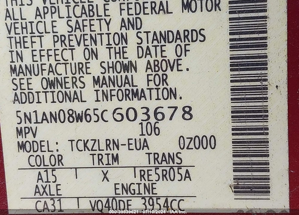 2005 NISSAN XTERRA S VIN: 5N1AN08W65C603678
