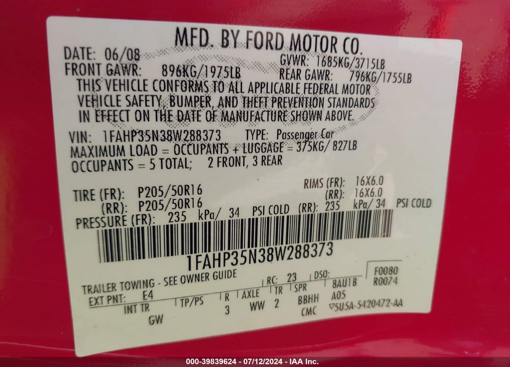 2008 FORD FOCUS SE/SES VIN: 1FAHP35N38W288373