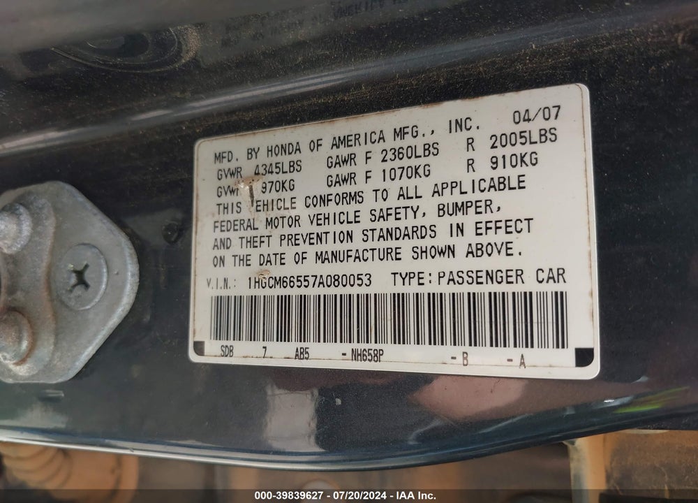 2007 HONDA ACCORD 3.0 EX VIN: 1HGCM66557A080053