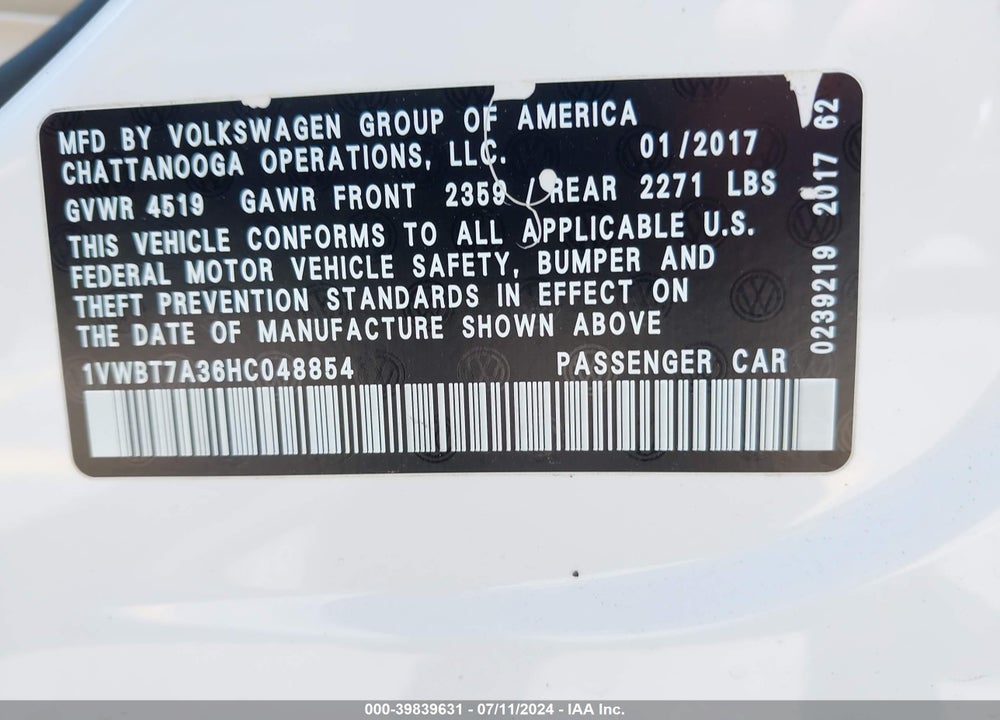 2017 VOLKSWAGEN PASSAT 1.8T SE VIN: 1VWBT7A36HC048854