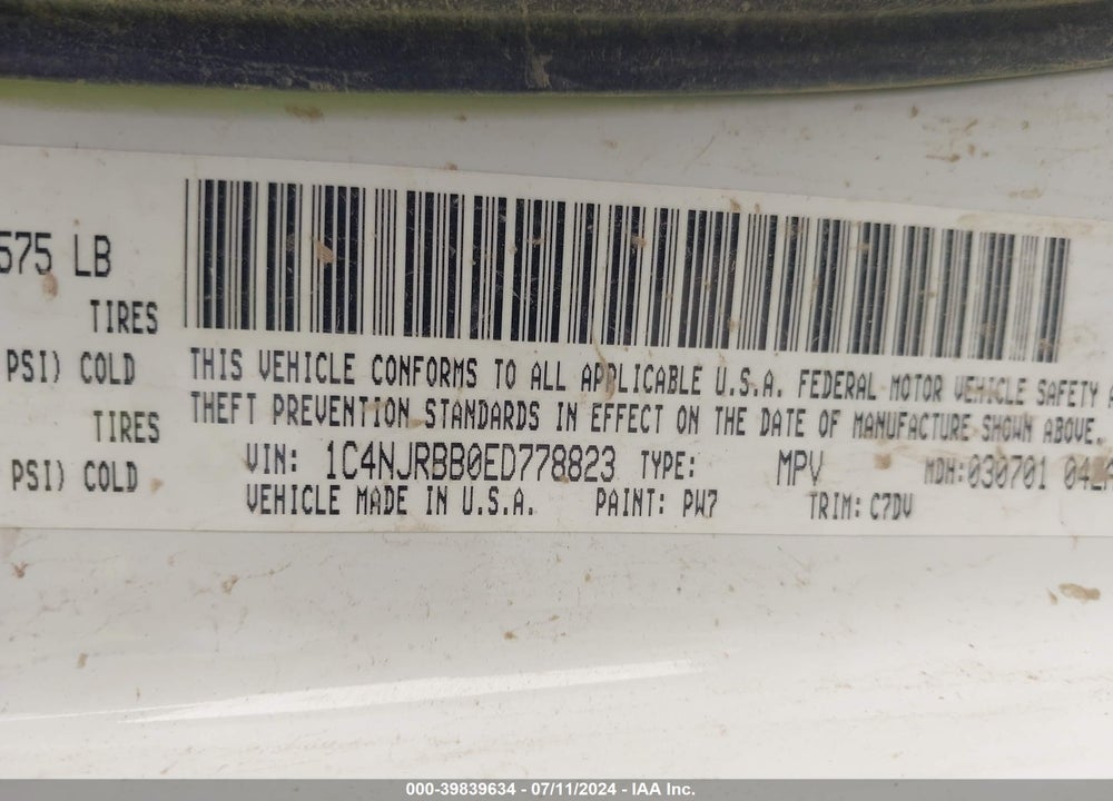 2014 JEEP PATRIOT SPORT VIN: 1C4NJRBB0ED778823