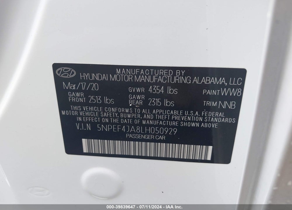 2020 HYUNDAI SONATA SEL VIN: 5NPEF4JA8LH050929