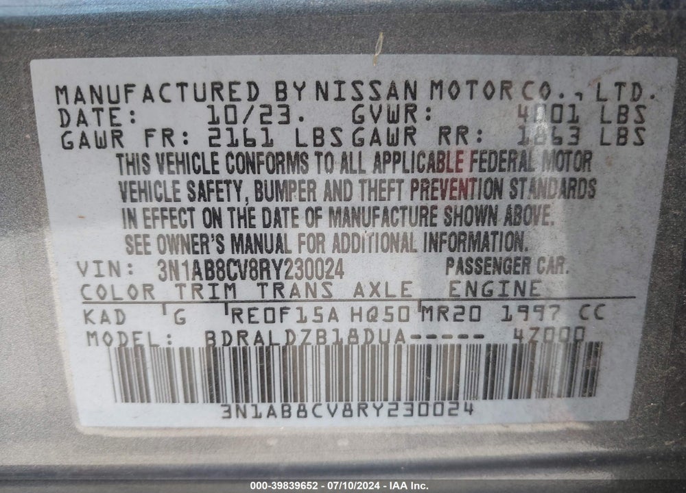 2024 NISSAN SENTRA SV XTRONIC CVT VIN: 3N1AB8CV8RY230024