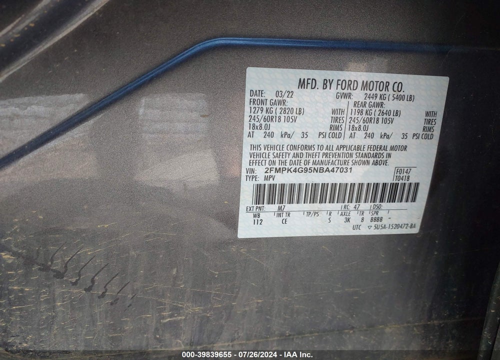 2022 FORD EDGE SE VIN: 2FMPK4G95NBA47031