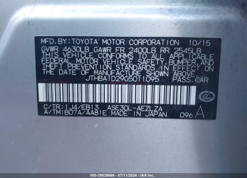 2016 LEXUS IS 200T VIN: JTHBA1D29G5011095