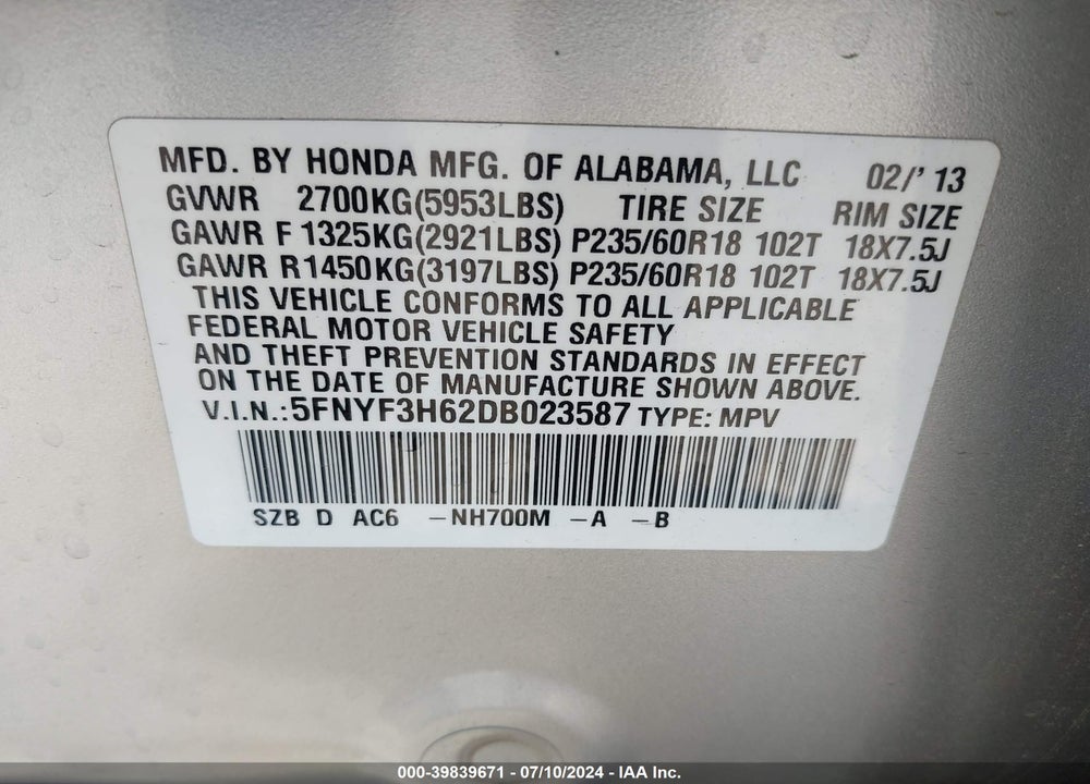 2013 HONDA PILOT EX-L VIN: 5FNYF3H62DB023587
