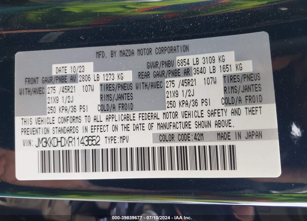 2024 MAZDA CX-90 3.3 TURBO PREMIUM VIN: JM3KKDHDXR1143652