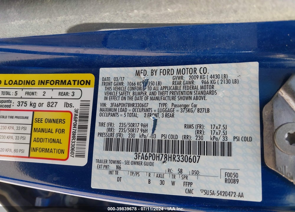 2017 FORD FUSION SE VIN: 3FA6P0H78HR330607