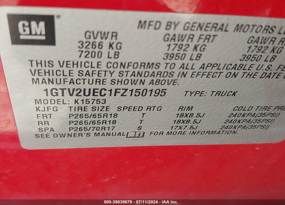 2015 GMC SIERRA 1500 SLE VIN: 1GTV2UEC1FZ150195