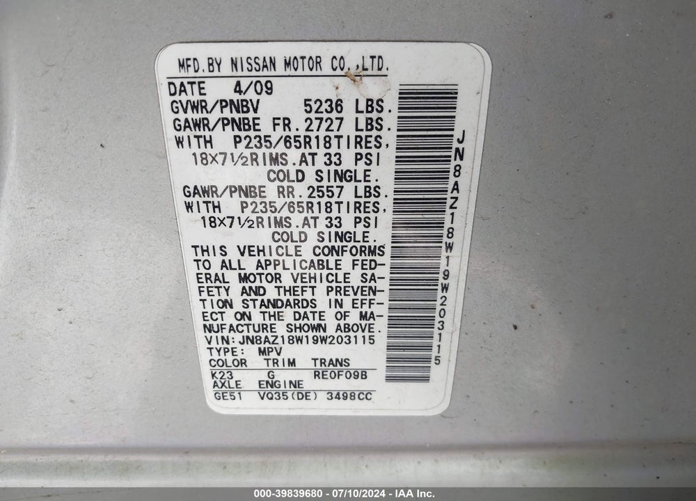 2009 NISSAN MURANO SL VIN: JN8AZ18W19W203115
