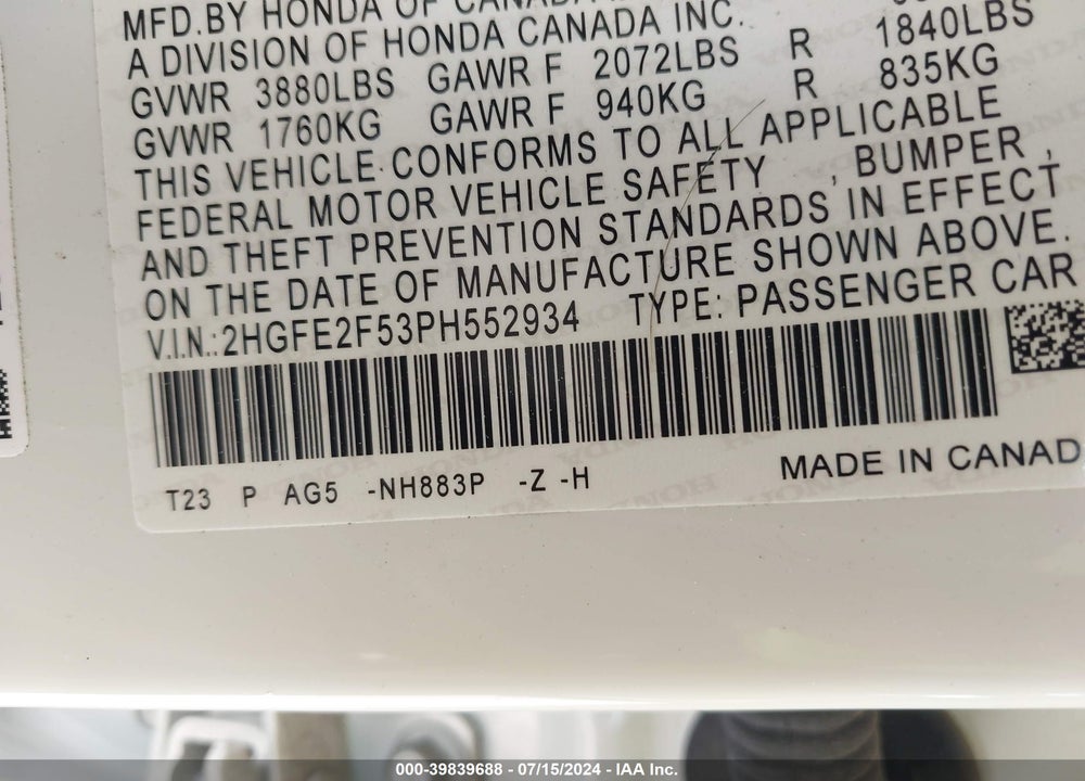 2023 HONDA CIVIC SPORT VIN: 2HGFE2F53PH552934