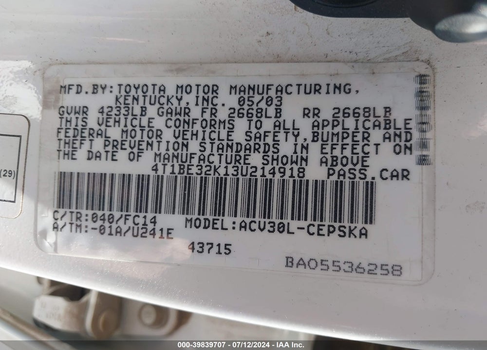 2003 TOYOTA CAMRY VIN: 4T1BE32K13U214918